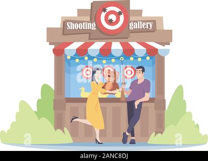 Schießstand flachbild Abbildung. Freund gewonnen Preis für Freundin am Schießstand. Freizeitpark, Vergnügungspark Unterhaltung. Paar spielen Spiel bei s Stock Vektor