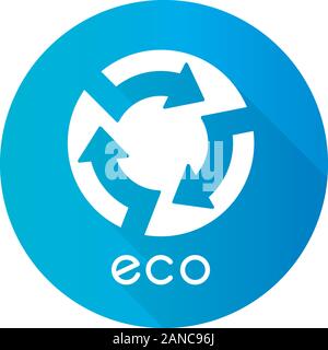 Umweltzeichen Blauer flache Bauweise lange Schatten glyph Icon. Kreis mit Pfeilen innen unterzeichnen. Papierkorb-Symbol. Umweltschutz Aufkleber. Umweltfreundlich Stock Vektor