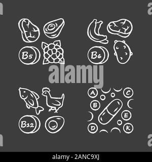 Vitamine chalk Symbole gesetzt. B5, B6, B 12 natürliche Nahrungsquelle. Vitamin Pillen. Früchte, Fleisch, Gemüse. Die richtige Ernährung. Gesundes Essen. Mineralien, antioxid Stock Vektor