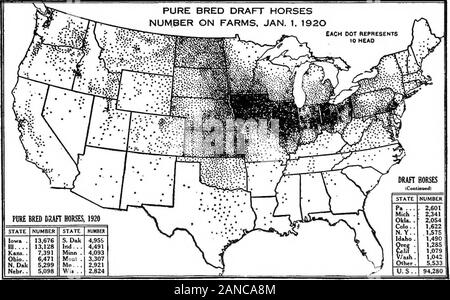 Eine grafische Übersicht der amerikanischen Landwirtschaft, die sich weitgehend auf die Volkszählung von 1920... . Fio. 78. - Die Zahl der reinrassigen Pferde von Sattel und Beförderung Rassen in den USA war nur etwa ein Neuntel der Zahl derjenigen des Entwurfs der Rassen im Jahre 1920. Die relativ große Zahl dieser Sattel- und Kutschpferde in Kentucky und angrenzenden por- tionen von Illinois und Indiana, auch in Virginia und Maryland, ist bemerkenswert. Diese areareas berühmt in Lied und Geschichte für ihre feine Pferde, und trotz des Rückgangs ofhorse Racing als Sport, und der verminderte Einsatz von Pferden zum Reiten und Fahren, breedersand Ho Stockfoto