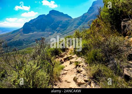 Kleiner Pfad, der die Platteklip Gorge hinauf zum Tafelberg, Kapstadt, Westkappland, Südafrika führt. Stockfoto