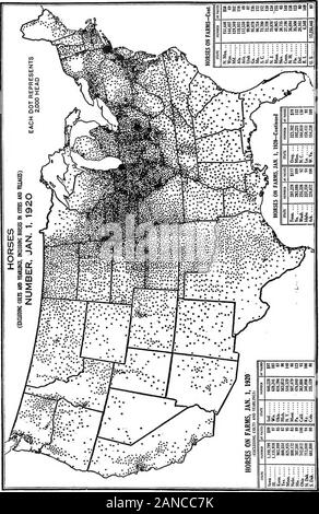 Eine grafische Übersicht der amerikanischen Landwirtschaft, die sich weitgehend auf die Volkszählung von 1920... . Abb. 75.- Zwei Drittel der Maultiere sind im westlichen Abschnitt des Mais Weizen andWinter Kegion angehoben und den südlichen Teil des "Corn Belt", den Zentren ofproduction, etwa 300 Meilen südlich von den Zentren der Pferd Produktion. Diese vielleicht zum Teil aufgrund der Anpassung der Maultier wärmeren Temperatur als das Pferd, sondern auch zum Teil auf die kürzere Strecke und geringere Kosten für den Transport zu den wheie CottonBelt, die meisten der Maultiere gesendet werden (siehe Schwein. 77). Früher Kentucky und Ten-nessee waren die leadin Stockfoto