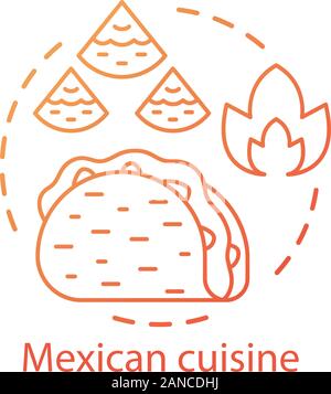 Mexikanische Küche Konzept Symbol. Chili fast food. Hispanic streetfood. Mexiko tortilla Gerichte. Würzige Taco und Nachos Idee dünne Linie Abbildung. Vektor Stock Vektor