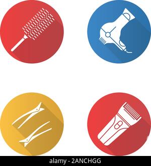 Haar Kleid flache Bauweise lange Schatten Glyphe Symbole gesetzt. Professionelles Hairstyling. Friseur tools. Kamm, Haartrockner, Haarspangen, Clipper. Friseur accessor Stock Vektor