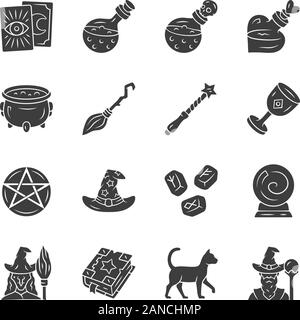 Magic Glyphe Symbole gesetzt. Hexerei, Zauberei Halloween los. Okkultismus, Gypsy mystische Rituale tools. Wahrsagen, Wahrsager. Aberglaube & Vorhersage Stock Vektor