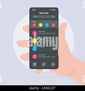 Fake chat smartphone Schnittstelle vektor Vorlage. Mobile App Seite Farbe Design Layout. Chat Nachrichten angezeigt. Flachbild-UI für die Anwendung. Hand, die p Stock Vektor
