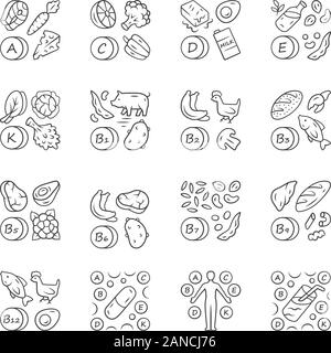 Vitamine lineare Symbole gesetzt. A, C, D, E, K, B natürliche Nahrungsquelle. Vitamin Pille, komplex, Cocktail. Obst, Gemüse. Thin Line Kontur Symbole. Isola Stock Vektor