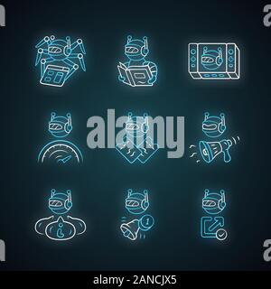 Web Robots Neon Licht Symbole gesetzt. Crawler, Text - Lesen, Propaganda, Information bot. Proaktive, optimizer Roboter. Künstliche Intelligenz. Software ein Stock Vektor