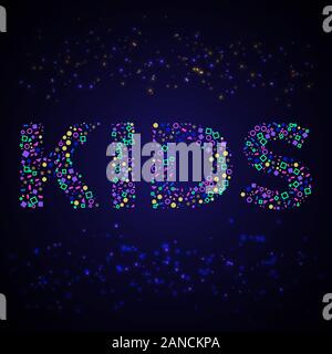 Kinder Inschrift aus verschiedenen farbigen geometrischen Formen auf dunkelblauem Hintergrund mit bunten Funken Stock Vektor