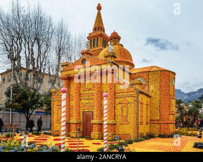 Ausstellung von Zitrusmustern - Bioves Gardens. Menton Lemon Festival, Fête du Citron, Menton, Alpes-Maritimes, Côte d'Azur, Frankreich Stockfoto