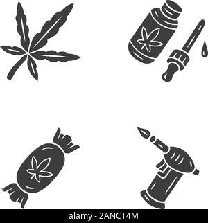 Unkraut Produkte glyph Symbole gesetzt. Cannabis Industrie. CBD Öl- und Süßigkeiten. Marihuana Legalisierung. Hanf Vertrieb, Verkauf. Alternative Medikamente. Silhouet Stock Vektor