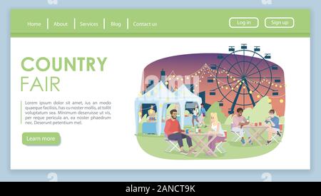 Country Fair landing page Vektor Vorlage. Nacht Sommer Kirmes website Schnittstelle mit Illustrationen. Street Market, Festival Attraktionen. Schnell f Stock Vektor