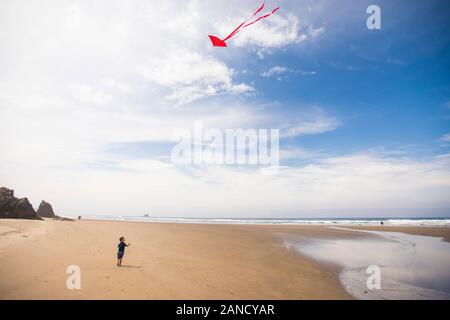 Der kleine Junge fliegt einen Drachen am Strand Stockfoto