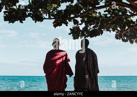 Zwei masai Männer in traditioneller Kleidung stehen unter einem großen mkungu Baum Stockfoto