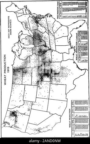 Eine grafische Übersicht der amerikanischen Landwirtschaft, die sich weitgehend auf die Volkszählung von 1920... . Abb. 30.- etwa die Hälfte der Anbaufläche für Weizen im Frühjahr 1919 wurde im Frühjahr WheatArea, wo es 40 Prozent der Anbaufläche für alle Kulturen, und die meisten der otherhalf wurde im angrenzenden Teil der Great Plains Region liegt. Eine sekundäre butimportant Zentrum der Produktion ist in der andOregon subhumid Teile von Washington entfernt. Die südliche Grenze der Sommerweizen Bereich ist weitgehend durch thenorthern Grenze von wintei-Weizen, das ist, im Allgemeinen, produktiver und moreprofitable whe bestimmt Stockfoto