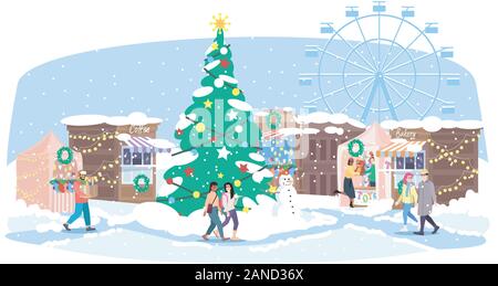 Weihnachtsmarkt flachbild Vector Illustration. Xmas Street Market, Kirmes. Cartoon Menschen gehen Winter messe Urlaub mit Marktständen, Weihnachtsbaum Stock Vektor