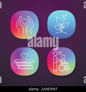 Freiwilligenarbeit App Icons einstellen. Charity Projekt, behinderten Menschen helfen, Bäume pflanzen, pädagogische Bücher Verteilung. UI/UX-Benutzeroberfläche. Web oder Mobil Stock Vektor