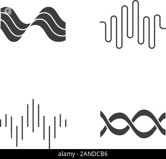 Schallwellen Glyphe Symbole gesetzt. Silhouette Symbole. Audio wave. Sound, Voice Recording. Musik Rhythmus Schriftzug. Soundwave, Digitale Wellenform Frequenz. Dj Stock Vektor