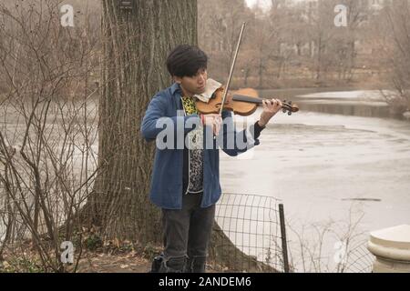 Junger Mann spielt die Violine im Central Park für Spenden in New York City, Stockfoto