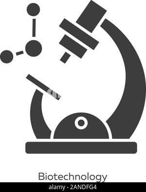 Biotechnologie Glyphe Symbole gesetzt. Biotech. Molekularbiologie. Mikroskop und Molekül. Chemie Laborgeräte. Biochemie. Bioengineering. Silhouette Stock Vektor