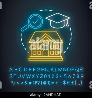 Suche nach guten Schulen Neon Licht Konzept Symbol. Auswahl von Bildungseinrichtungen lage Idee. Leuchtende Zeichen mit Alphabet, Zahlen und Symbolen. Schule Stock Vektor