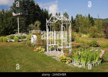 Weiße schmiedeeiserne Laube mit Sitz Bänke neben Grenzen mit roten Echinacea - Coneflowers, Hosta Pflanzen im Hinterhof Land Garten im Sommer. Stockfoto