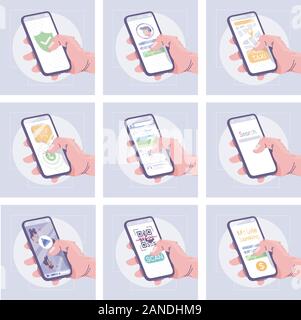 Smartphone Apps flachbild Vektorgrafiken. Moderne mobile Technologie cartoon Konzept. Verschiedene Anwendungen Schnittstelle Idee. Benutzer Hände halten Zelle Stock Vektor