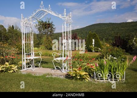 Weiße schmiedeeiserne Laube mit Sitz Bänke neben Grenzen mit roten Echinacea - Coneflowers, Hosta Pflanzen im Hinterhof Land Garten im Sommer. Stockfoto