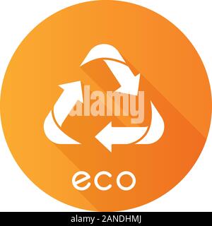 Eco Label Gelb flache Bauweise lange Schatten glyph Icon. Drei abgewinkelte Pfeile. Papierkorb-Symbol. Alternative Energie. Umweltschutz Aufkleber. Eco fr Stock Vektor
