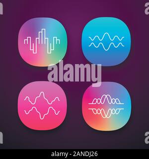 Schallwellen App Icons einstellen. Audio, Musik, Radio signal Wellen. Vibration, Synergy, motion Linien. Digitale Kurve Schallwellen. UI/UX-Benutzeroberfläche. Web- oder Stock Vektor