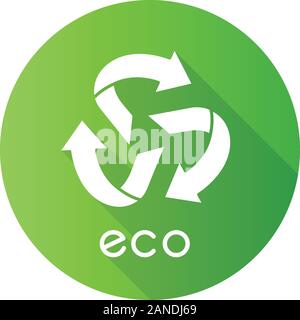 Eco Label grünen, flachen Design lange Schatten glyph Icon. Drei abgerundeten Pfeilen aus Center anmelden. Papierkorb-Symbol. Umweltschutz Aufkleber. Stock Vektor