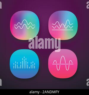 Schallwellen App Icons einstellen. Geräusche, Vibrationen Frequenz. Lautstärke Wellenlinien. Musik Wellen. Digitale Kurve Schallwellen. UI/UX-Benutzeroberfläche. Web oder Mo Stock Vektor