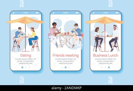 Street Food Festival Onboarding mobile App-Vektor Vorlage. Sommer City Cafe besuchen. Exemplarische Vorgehensweise website Schritte mit flachen Charakteren. UX, Benutzeroberfläche Stock Vektor