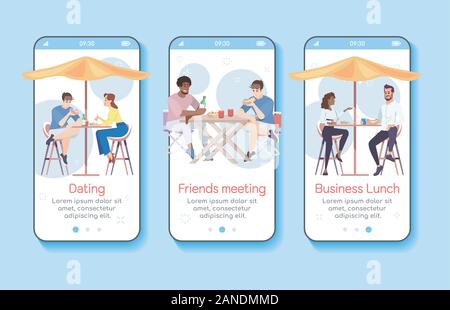 Street Food Festival Onboarding mobile App-Vektor Vorlage. Sommer City Cafe besuchen. Exemplarische Vorgehensweise website Schritte mit flachen Charakteren. UX, Benutzeroberfläche Stock Vektor