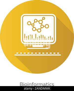 Bioinformatik gelb flache Bauweise lange Schatten glyph Icon. Forschung über das menschliche Genom. Informationen Analyse durch Computer. Biologischer Daten. Genetik info. Bio Stock Vektor