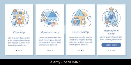 Reisen, Natur camps Onboarding mobile App Seite Bildschirm mit linearen Konzepten. Camping Urlaub, Reise walkthrough Schritte grafische Anweisungen. UX, UI Stock Vektor