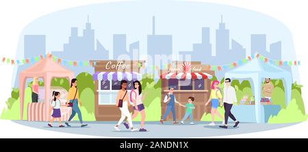 Street Food Festival flachbild Vector Illustration. Außenpool im Sommer Rest in der Stadt. Verkäufer, Käufer, Handel Zelte und ein Café mit Snacks, Fertiggerichte. Stadt Picknick Stock Vektor