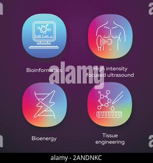 Biotechnologie App Icons einstellen. Bioengineering. HIFU-Bioinformatik, Tissue Engineering, Bioenergie. UI/UX-Benutzeroberfläche. Web oder mobile Anwendungen. Vec Stock Vektor