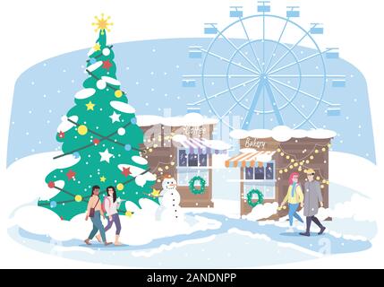 Weihnachten Kirmes flachbild Vector Illustration. Menschen zu Fuß Xmas Street Market Zeichentrickfiguren. Winter Messegelände mit Marktständen, Riesenrad ein Stock Vektor
