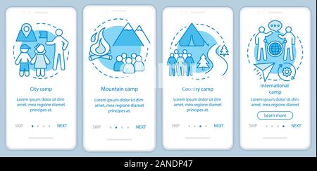 Reisen, Natur camps Onboarding mobile App Seite Bildschirm mit linearen Konzepten. Camping Urlaub, Reise walkthrough Schritte grafische Anweisungen. UX, UI Stock Vektor