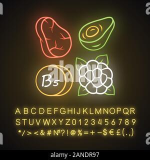 Vitamin B5 Neonlicht Symbol. Fleisch, Avocado und Blumenkohl. Das gesunde Essen. Pantothensäure natürliche Nahrungsquelle. Leuchtende Zeichen mit Alphabet, Zahlen ein Stock Vektor