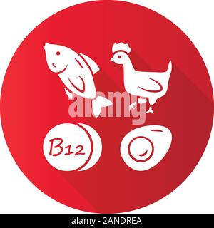 Vitamin B 12 rote flache Bauweise lange Schatten glyph Icon. Fisch, Geflügel und Eier. Das gesunde Essen. Cobalamin natürliche Nahrungsquelle. Die richtige Ernährung. Mineralien, Stock Vektor