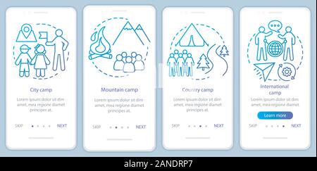 Reisen, Natur camps Onboarding mobile App Seite Bildschirm vektor Vorlage. Camping Urlaub, Reise. Exemplarische Vorgehensweise website Schritte mit linearen Abbildungen Stock Vektor