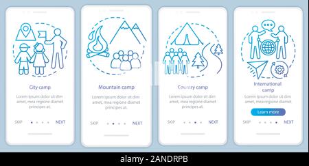 Reisen, Natur camps Onboarding mobile App Seite Bildschirm vektor Vorlage. Camping Urlaub, Reise. Exemplarische Vorgehensweise website Schritte mit linearen Abbildungen Stock Vektor