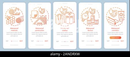 Wasserdichte produzieren Onboarding mobile App Seite Bildschirm mit linearen Konzepten. Feuchtigkeit widerstandsfähiges Material, Kosmetik walkthrough Schritte Grafik instructio Stock Vektor