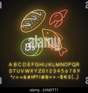Vitamin B3 Neonlicht Symbol. Brot, Fisch und Meeresfrüchten. Das gesunde Essen. Nikotinsäure. Vitamin PP, Niacin natürliche Nahrungsquelle. Leuchtende Zeichen mit alphabe Stock Vektor