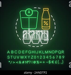Low fat Diät Neon Licht Konzept Symbol. Vegane Lebensweise Idee. Leuchtende Zeichen mit Alphabet, Zahlen und Symbolen. Vegetarische Ernährung. Magermilch, roh e Stock Vektor