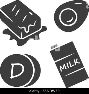 Vitamin-D-glyph Icon. Butter, Ei und Milch. Das gesunde Essen. Cholecalciferol natürliche Nahrungsquelle. Milchprodukte. Mineralien, Antioxidantien. Silhouette sy Stock Vektor