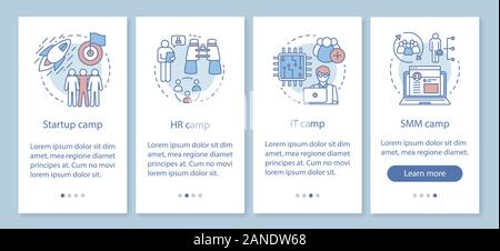 Anlauf, Firma camps Onboarding mobile App Seite Bildschirm mit linearen Konzepten. Team Building, HR Ausbildung walkthrough Schritte grafische Anweisungen. UX, Stock Vektor