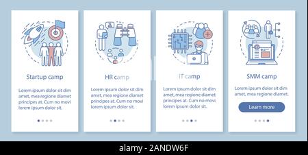 Anlauf, Firma camps Onboarding mobile App Seite Bildschirm mit linearen Konzepten. Team Building, HR Ausbildung walkthrough Schritte grafische Anweisungen. UX, Stock Vektor